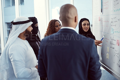 Buy stock photo Workshop, people and team at whiteboard in office for trading presentation, tips and muslim speaker. Coaching, investors and arab coworkers in stock market training for skill development and learning