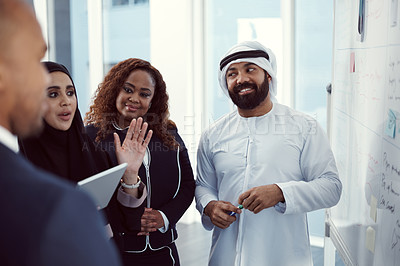 Buy stock photo Proposal, whiteboard and team with business people in meeting for planning, investor and coaching. Speaker, training and workshop with employees for discussion, stakeholder and brainstorming