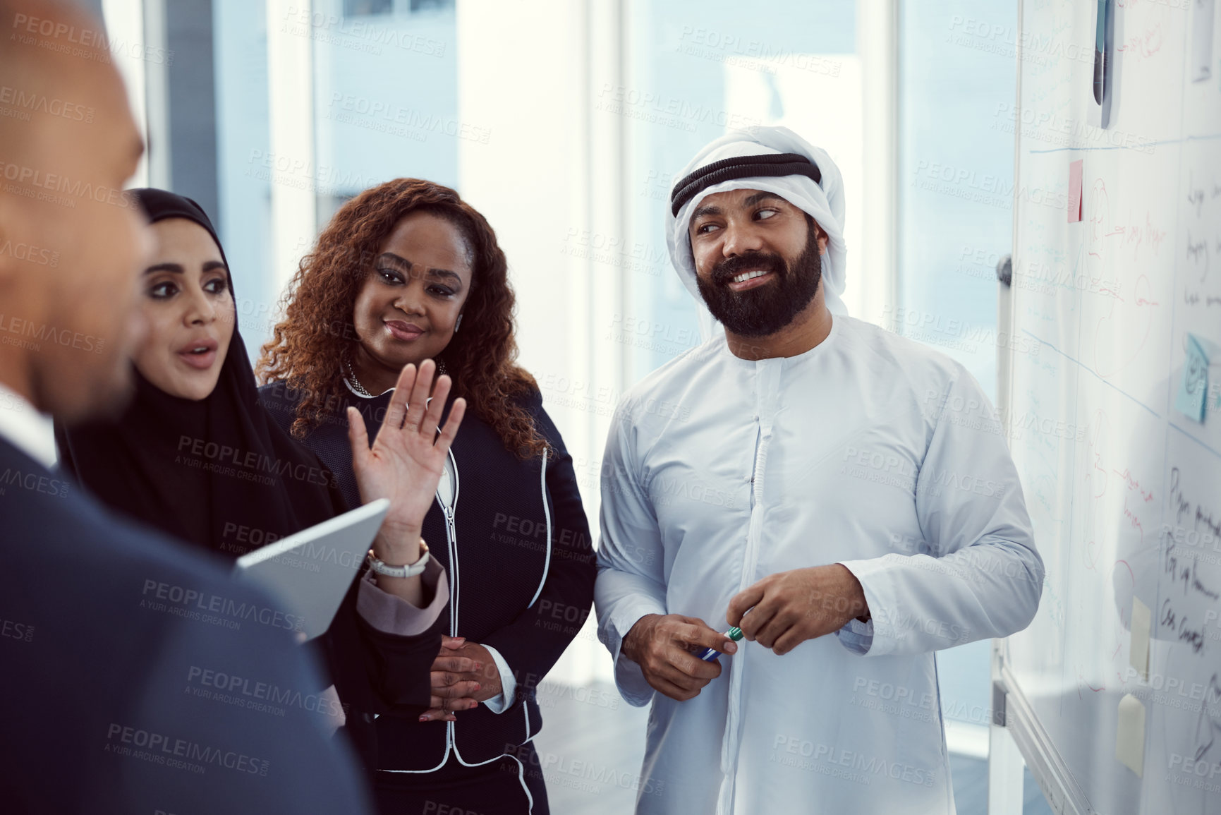 Buy stock photo Proposal, whiteboard and team with business people in meeting for planning, investor and coaching. Speaker, training and workshop with employees for discussion, stakeholder and brainstorming