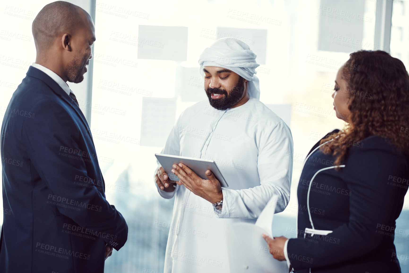 Buy stock photo Tablet, report and team with business people in conference for meeting, global workshop and research. B2b tradeshow, online review and convention with employee for proposal and agenda in Dubai