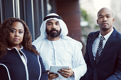 Buy stock photo Tablet, portrait and business people in office with collaboration, teamwork or finance meeting. Serious, digital technology and group of financial advisors with investment proposal in workplace.