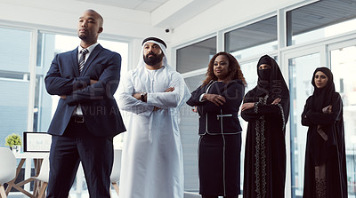 Buy stock photo Business, people and arms crossed in row in office for legal aid, muslim coworkers and about us. Leader, lawyers and arab colleagues at law firm for company diversity, corporate justice and inclusion