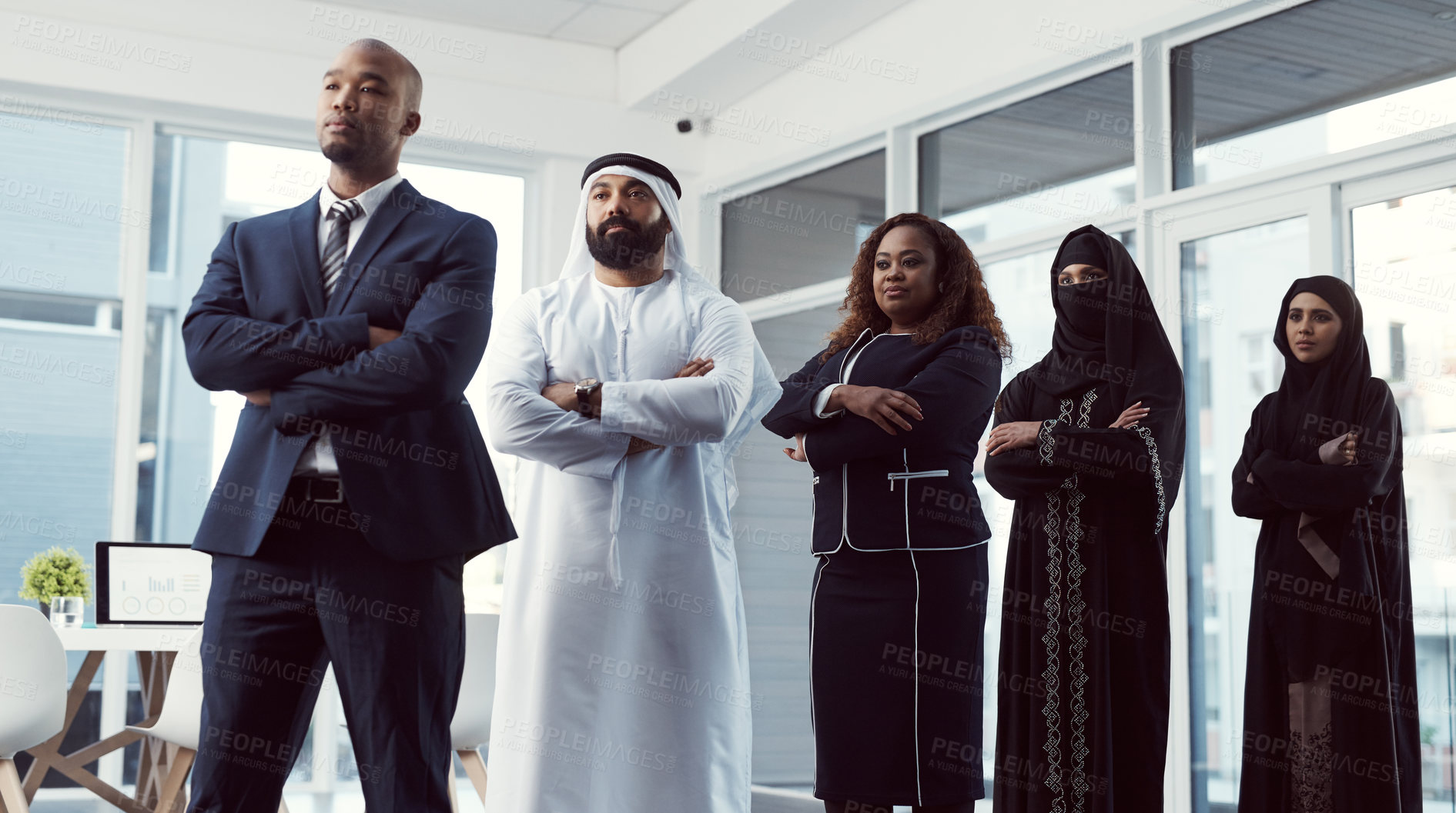 Buy stock photo Business, people and arms crossed in row in office for legal aid, muslim coworkers and about us. Leader, lawyers and arab colleagues at law firm for company diversity, corporate justice and inclusion