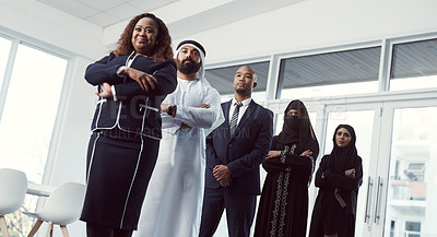 Buy stock photo Business, people and team in row in office for legal representation, muslim coworkers and about us. Below, lawyers and arab colleagues at firm for company diversity, arms crossed or corporate justice