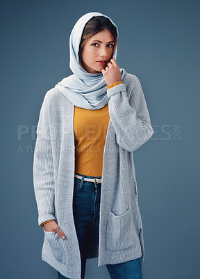 Buy stock photo Portrait, studio and fashion with muslimah woman, clothes for eid al fitr and modesty for religion and faith. Head scarf, chiffon hijab and Saudi model, trendy or confident for islamic culture  