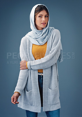 Buy stock photo Portrait, studio and fashion with arab woman, clothes for Ramadan with modesty for religion and faith. Eco friendly, material hijab with Saudi model, trendy and confident for islamic culture