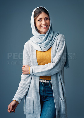 Buy stock photo Portrait, studio and fashion with muslim woman, clothes for eid fitr and modesty for religion and faith. Eco friendly, chiffon hijab with Saudi model, trendy or confident for islamic culture  