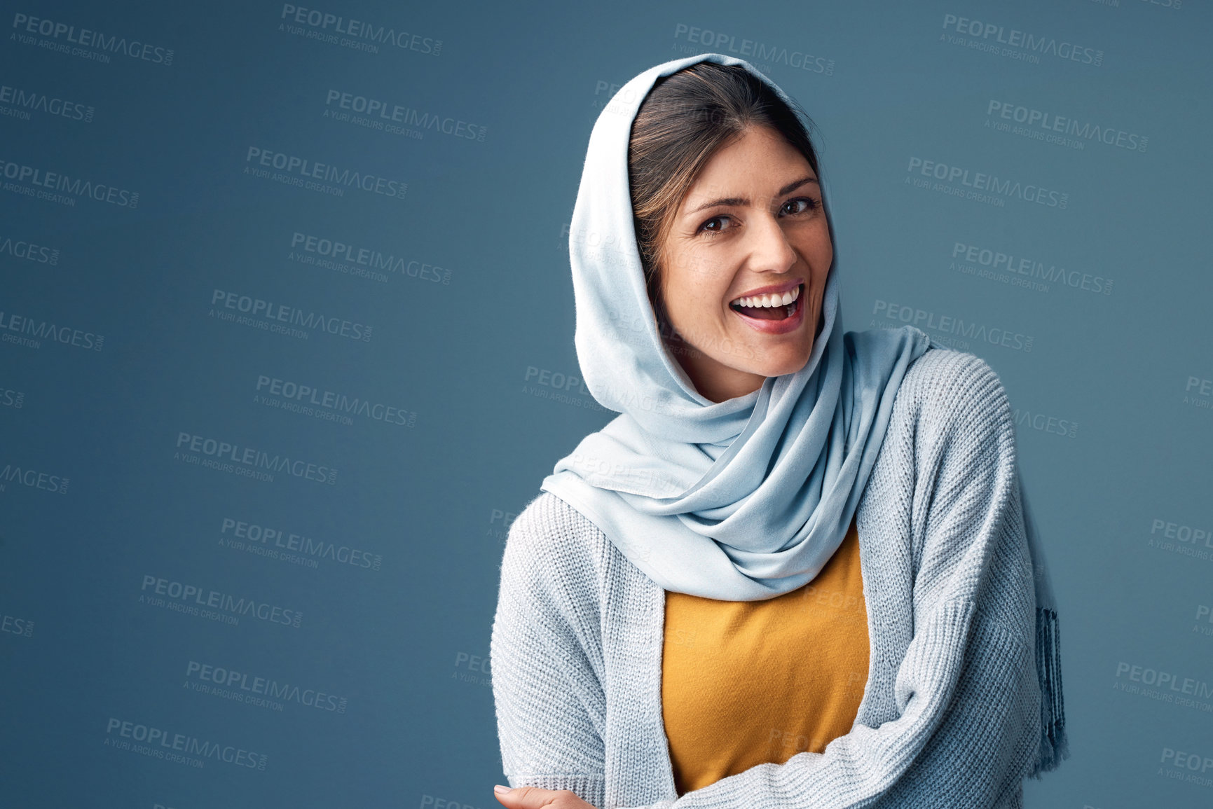 Buy stock photo Portrait, woman and hijab in studio, fashion and smile on gray background. Head scarf, Ramandan and stylish for religious Arabic female model, muslim or mockup space for minimalism Islamic Eid outfit