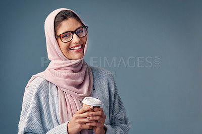 Buy stock photo Portrait, smile and Islamic woman with coffee on studio background and girl with confidence. Face, Muslim person and happy model with morning tea and espresso with cappuccino and hijab with culture