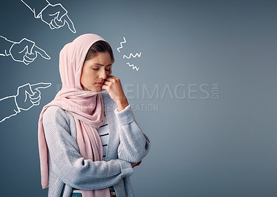 Buy stock photo Bullying, hands or pointing to Muslim woman for depression on studio mockup or grey background. Gossip, stress or sad Islamic girl with fingers for blame, judgement or conflict space in Palestine