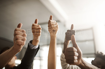 Buy stock photo Thumbs up hand sign, symbol and gesture showing success, support or trust. Closeup fingers or thumbs of businesspeople endorsing idea, plan or strategy and expressing content or approval to good news