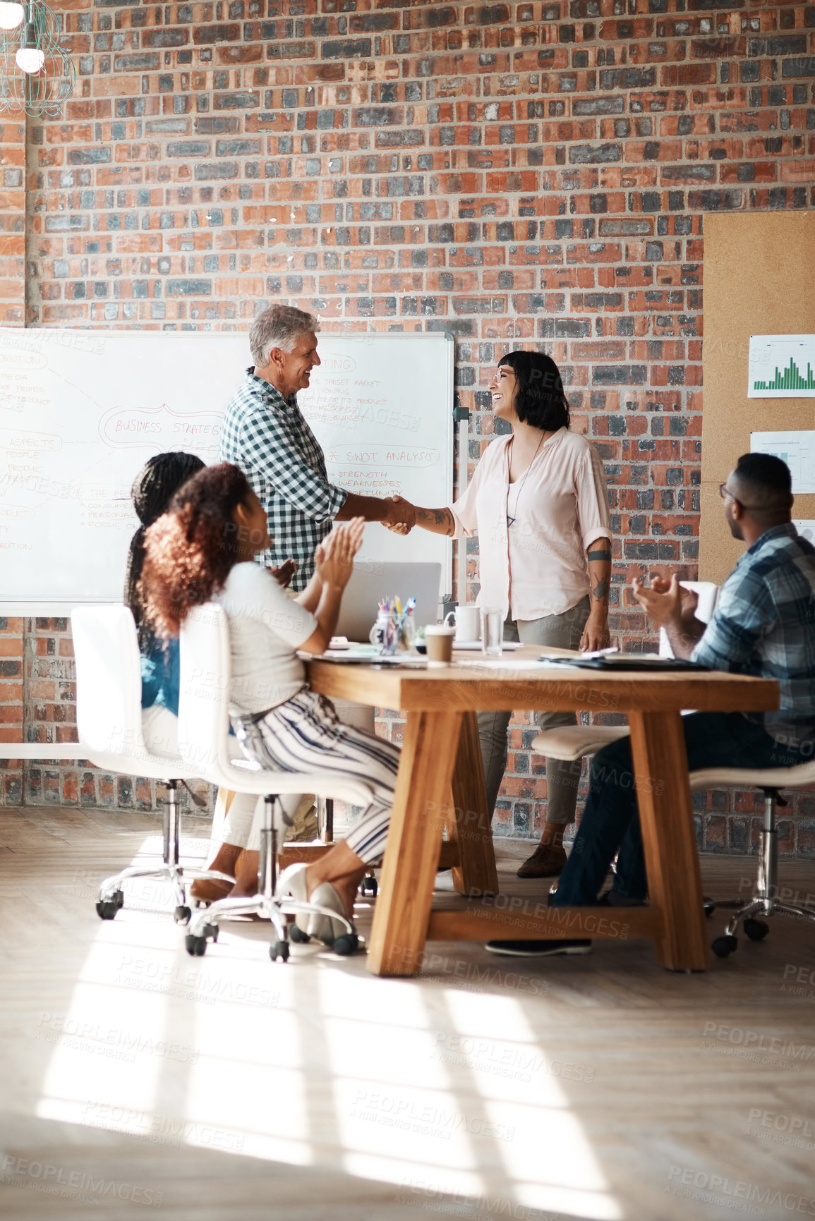 Buy stock photo Team, handshake and collaboration with deal of creative staff with success and partnership planning. Management, people and shaking hands with project achievement and applause from agreement and b2b