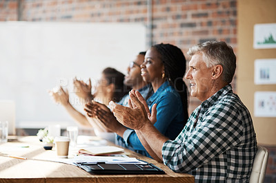 Buy stock photo Business people, group and applause for celebration in conference with company growth and target achievement. Audience, professional employees or clapping hands for success or victory at team seminar