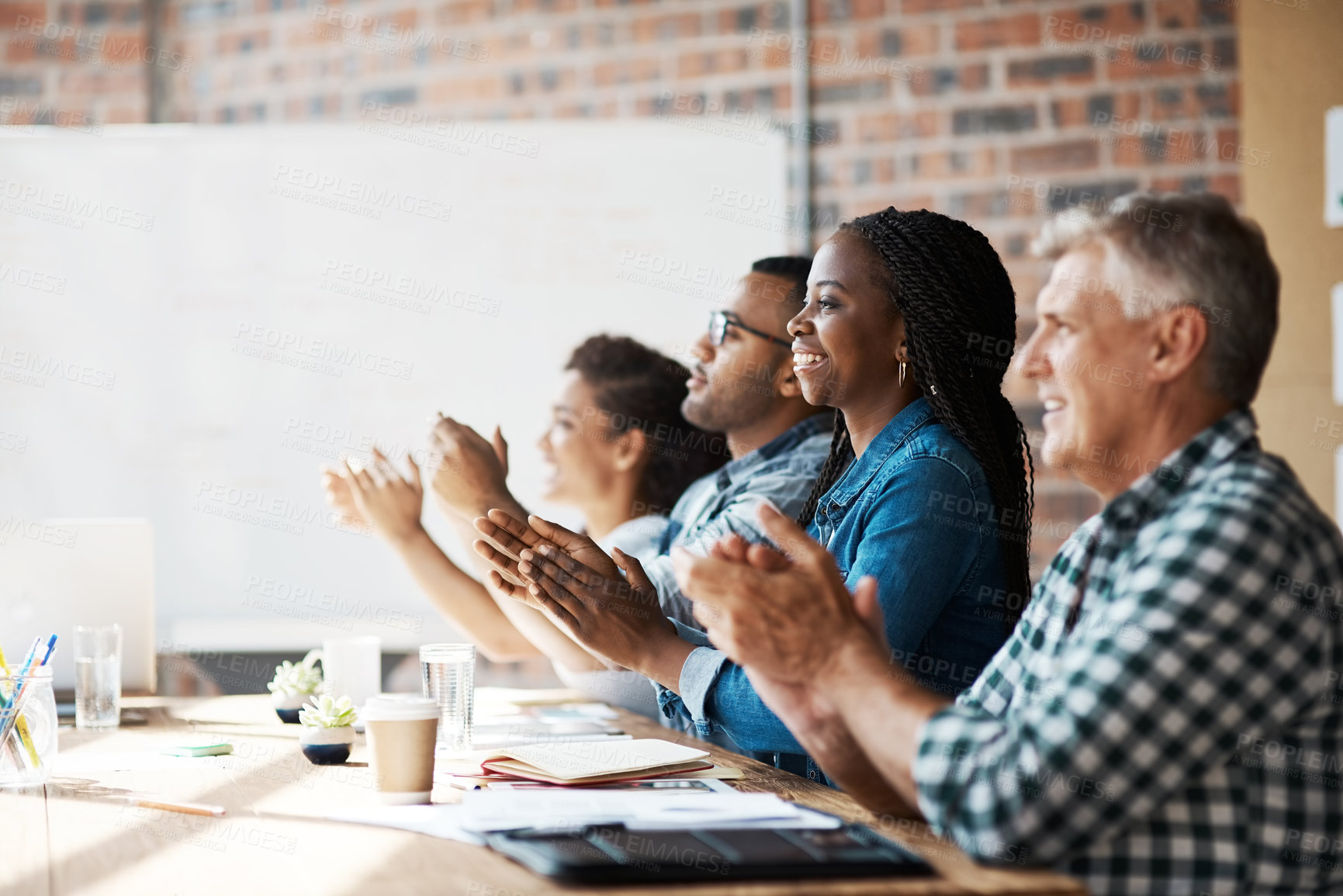 Buy stock photo Business people, group and applause for success in conference with company growth and target achievement. Audience, professional employees or clapping hands for celebration or victory at team seminar