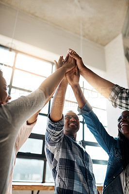 Buy stock photo Team, startup and group with high five, teamwork and achievement with collaboration, solidarity and goal. Staff, coworkers or men with women, support and professional with success and cooperation