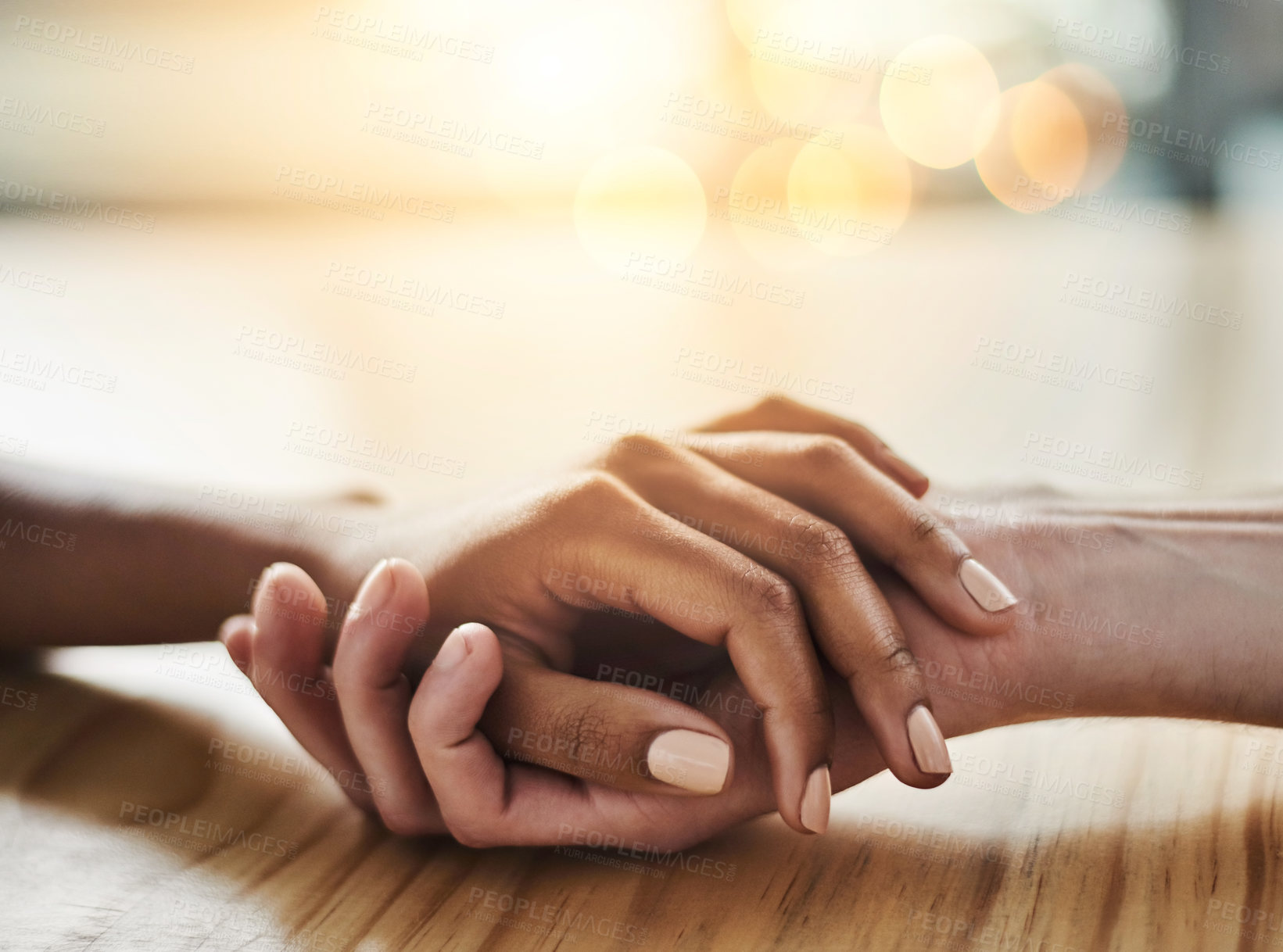 Buy stock photo Solidarity, holding hands and support on table for business, helping and of partner in company and together. Unity, entrepreneur and people in office, liquidation and closing of bankrupt startup