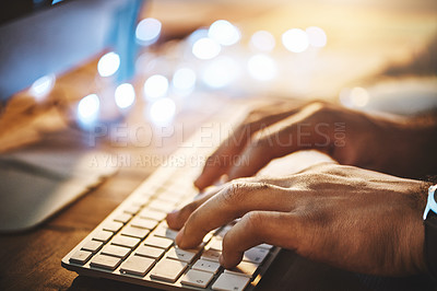 Buy stock photo Hands, keyboard and closeup of man typing while doing research on a computer in the office at night. Professional, technology and male employee working overtime on a deadline project in the workplace