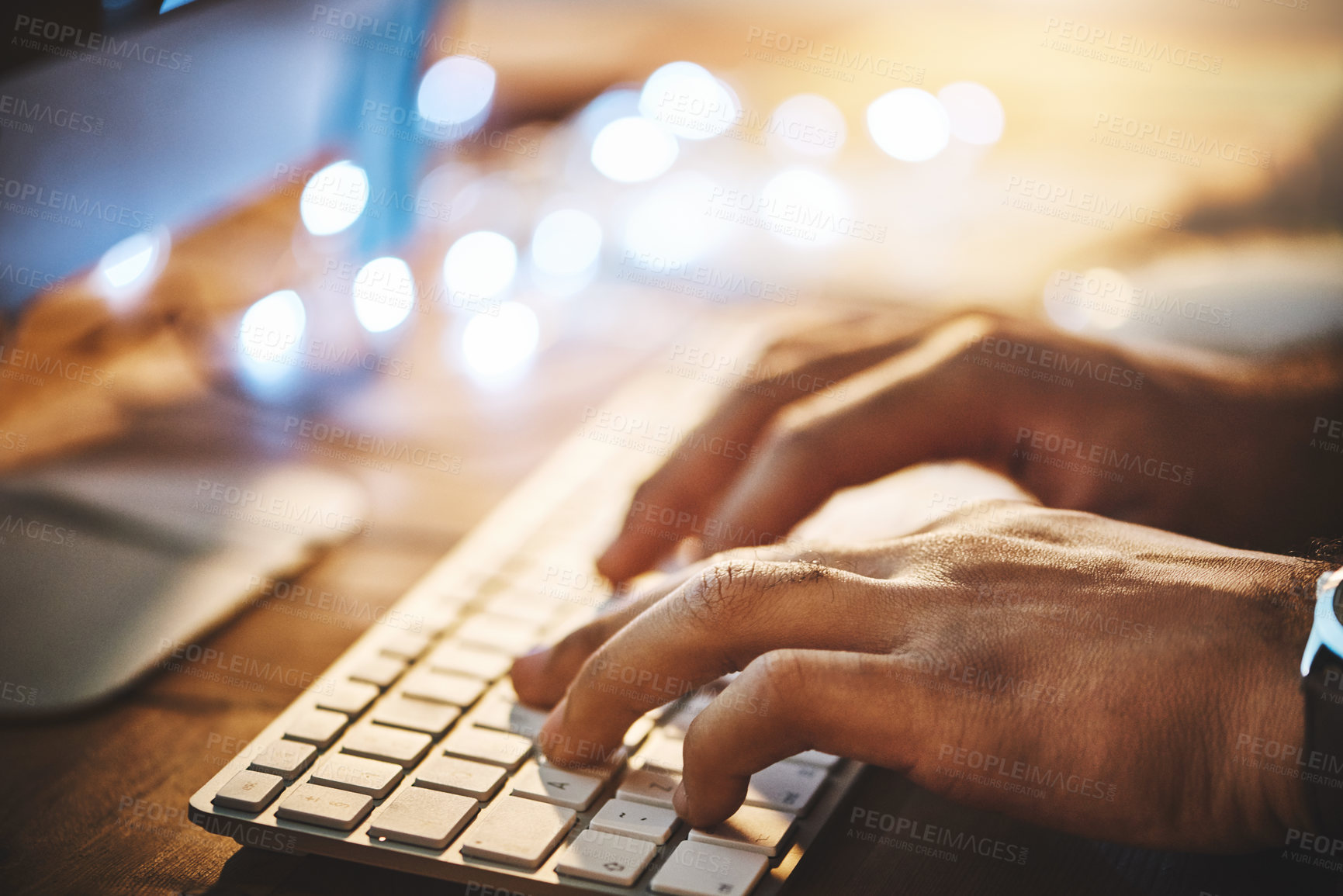 Buy stock photo Hands, keyboard and closeup of man typing while doing research on a computer in the office at night. Professional, technology and male employee working overtime on a deadline project in the workplace