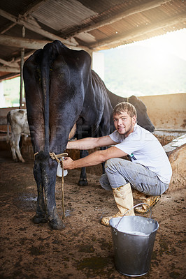 Buy stock photo Full length portrait of a young male farmhand milking a cow in the barn