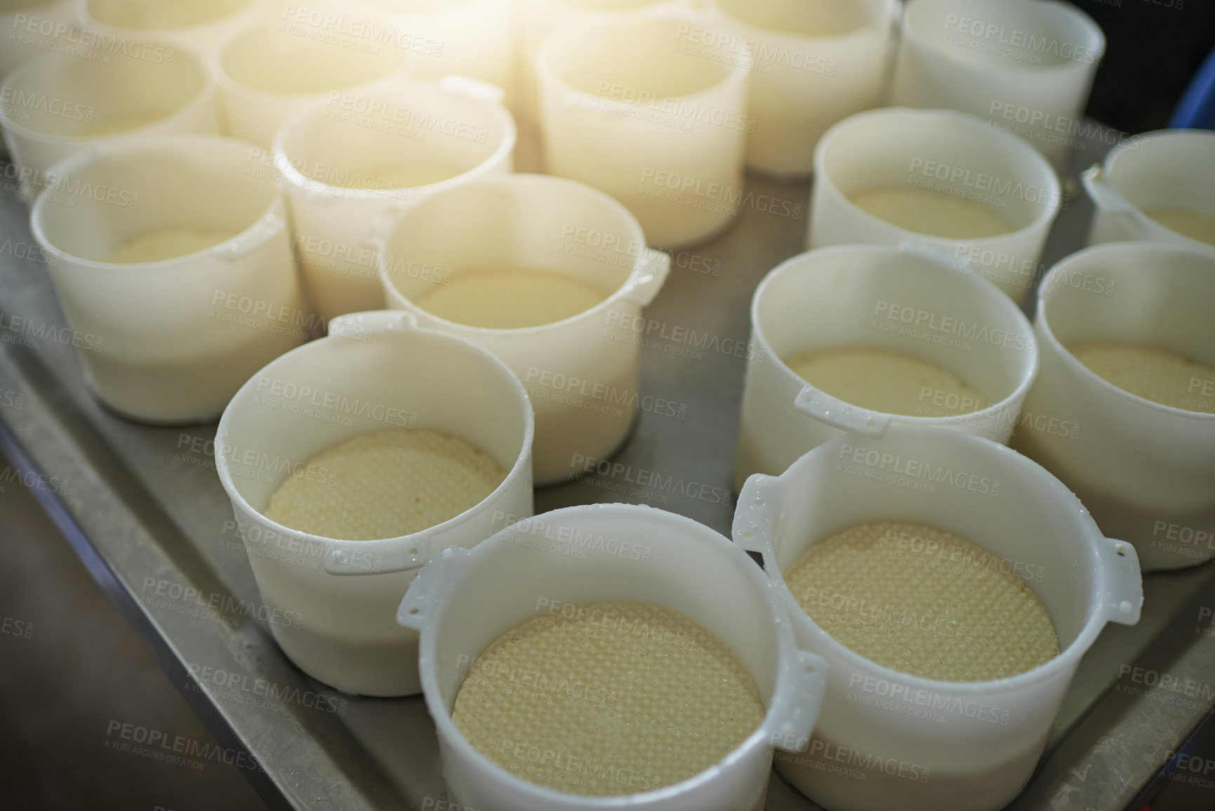 Buy stock photo Cheese in plastic molds in cheesemaking factory. Pressed mold in containers on dairy farm. Ricotta cheese production on a conveyor ready to be packaged for delivery in the dairy agricultural industry