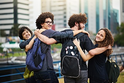 Buy stock photo Rearview shot of college friends outside