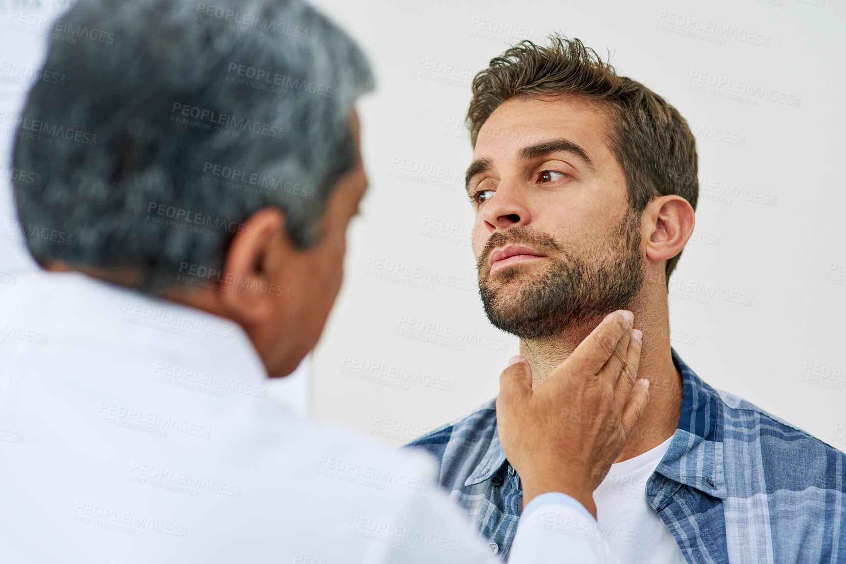 Buy stock photo Doctor, hand and man for thyroid with patient, healthcare or diagnosis in clinic. Hospital, help or check up for throat and gland pain for male person, specialist or medical result test for 