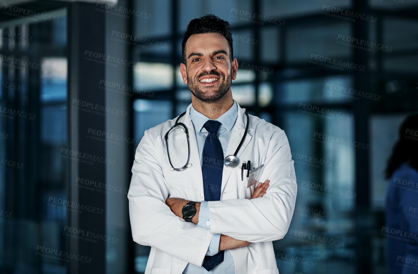 Buy stock photo Portrait of a confident young doctor working in a hospital