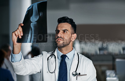 Buy stock photo Shot of a young doctor reading the results of an X-ray in a hospital