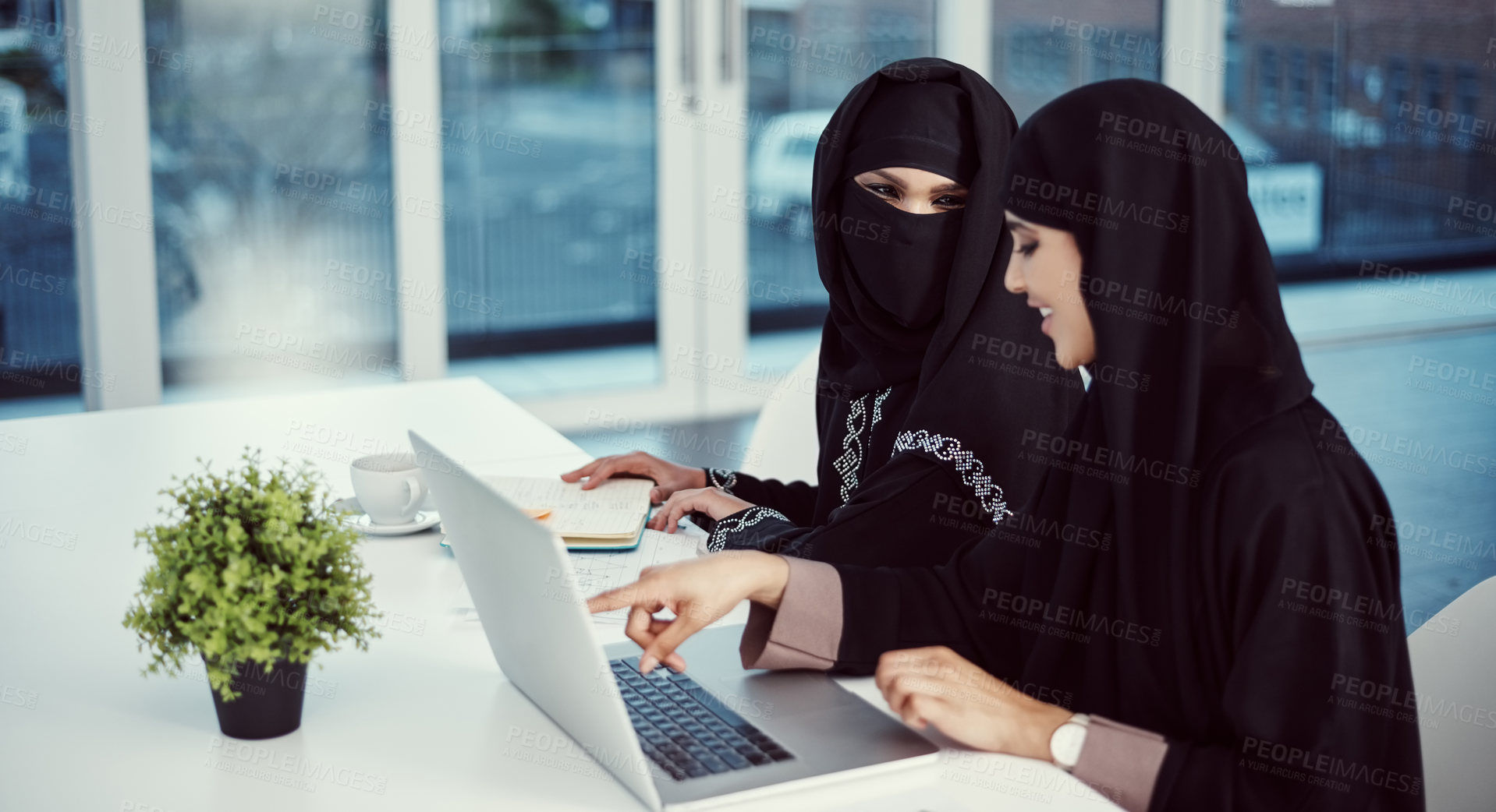 Buy stock photo Islamic, women and meeting with laptop in office for research, training and proofreading article. Muslim, people and talking with pc for copywriting, editing advice and guidance for story publication