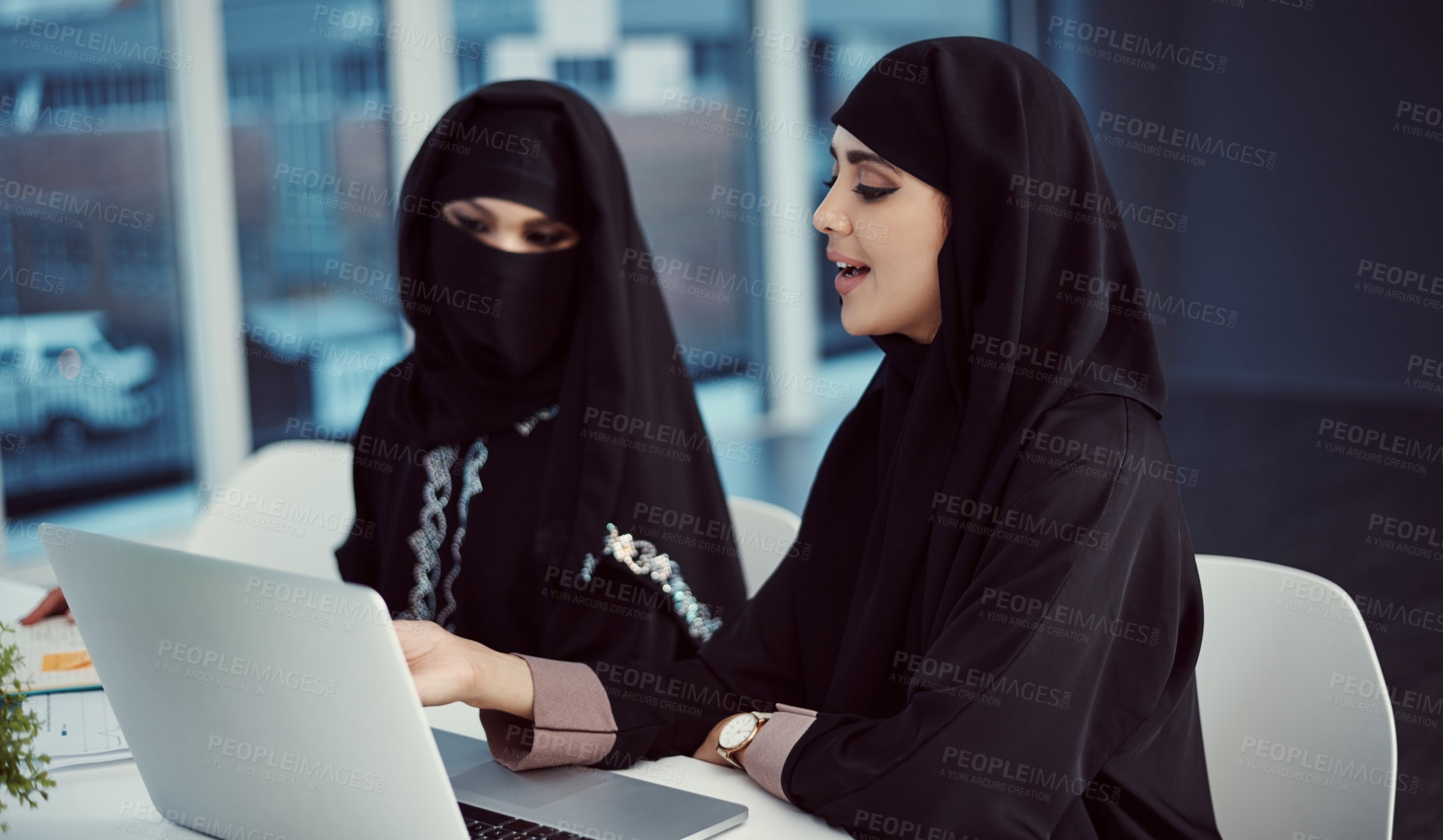 Buy stock photo Muslim, people and meeting with laptop in office for research, training and proofreading article. Islamic, women and talking with pc for copywriting, editing advice and guidance for story publication