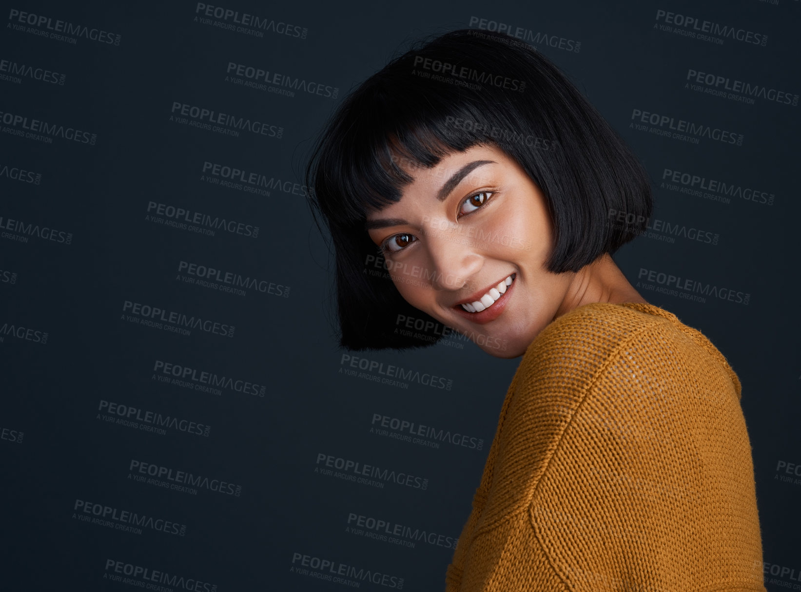 Buy stock photo Portrait, hairstylist and happy woman in studio for hair care isolated on black background mockup space. Face, girl or smile of confident hairdresser at salon for beauty cosmetics or fashion in Italy