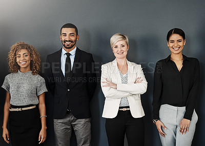 Buy stock photo Diversity, support and portrait of business people in studio for smile, community and teamwork. Happy, collaboration and professional with employees and wall background for confidence and mission