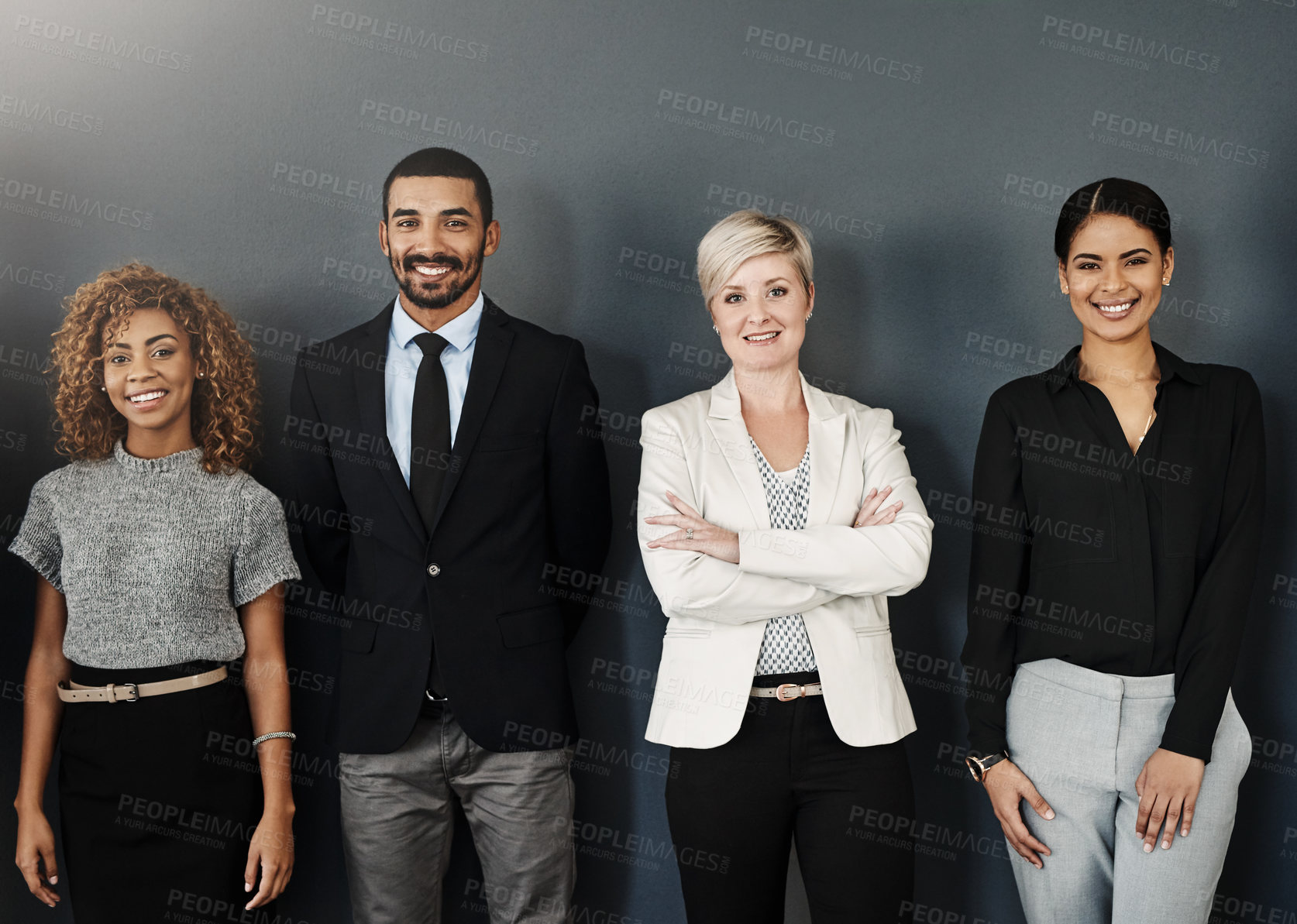 Buy stock photo Diversity, support and portrait of business people in studio for smile, community and teamwork. Happy, collaboration and professional with employees and wall background for confidence and mission