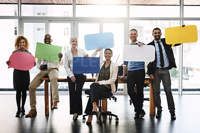 Buy stock photo Business people, speech bubble and group portrait for diversity, teamwork or collaboration for opinion, Men, women and poster for social media, vote or review with ideas, smile and mock up in office