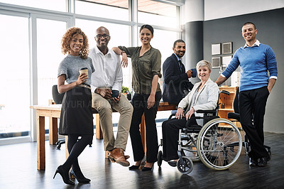 Buy stock photo Teamwork, support and portrait of business people in office for diversity, community and happy. Smile, collaboration and solidarity with group of employees for mission, commitment and mindset