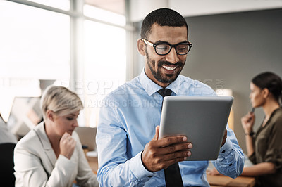 Buy stock photo Man, tablet and smile with thinking in office, meeting or reading for progress, solution or notes on app. Person, analyst and digital touchscreen for stats, info or editing report at insurance agency