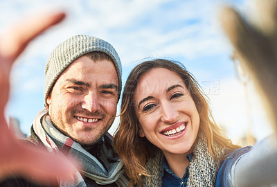 Buy stock photo Shot of an affectionate young couple enjoying their foreign getaway