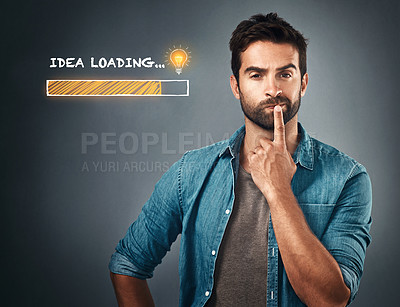 Buy stock photo Portrait, man and thinking by gray background for mockup with idea, inspiration and bulb illustration. Thoughtful, innovation and face of person in studio with drawing for choice, doubt and question