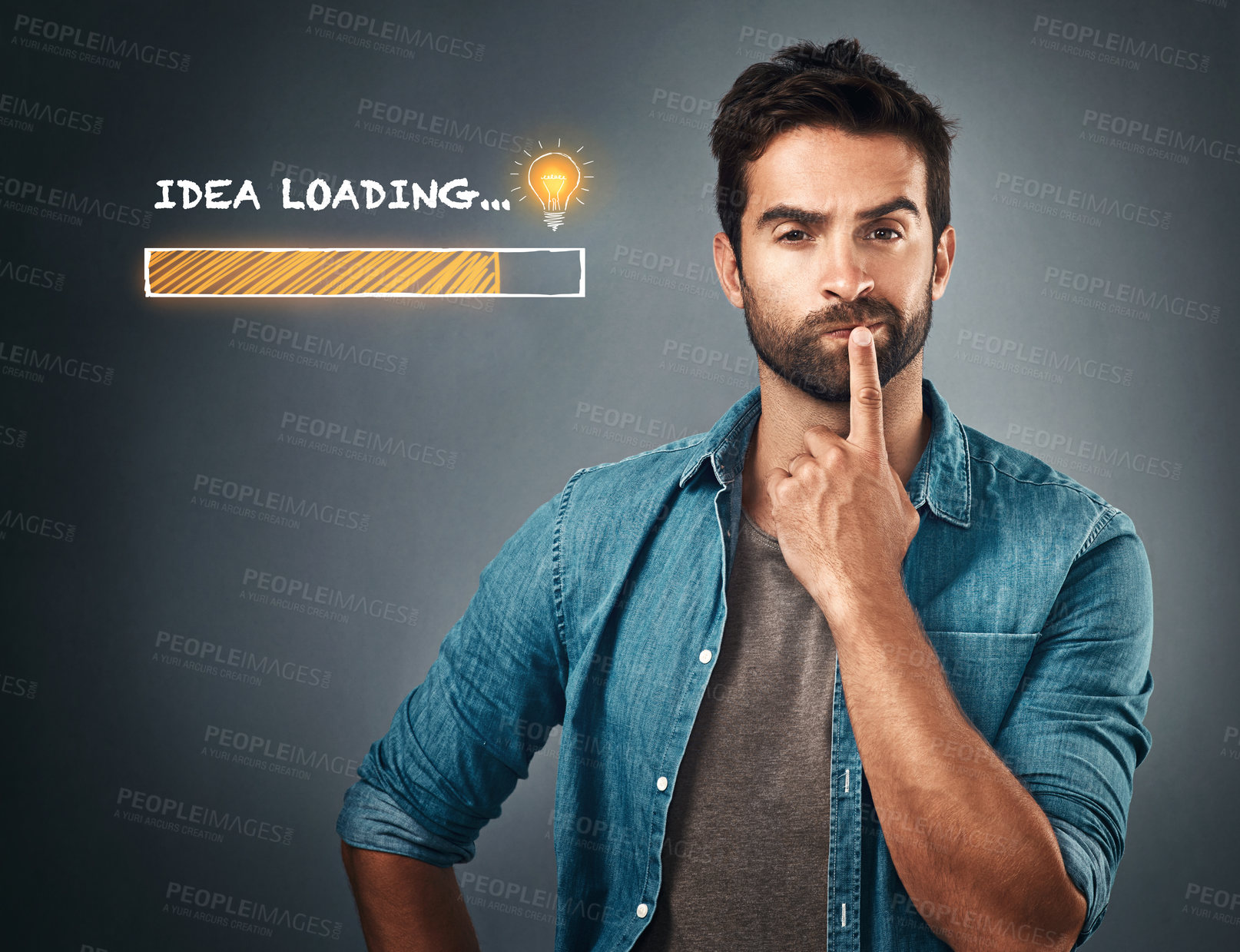 Buy stock photo Portrait, man and thinking by gray background for mockup with idea, inspiration and bulb illustration. Thoughtful, innovation and face of person in studio with drawing for choice, doubt and question