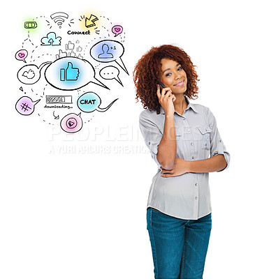 Buy stock photo Portrait of an attractive young woman using her cellphone while standing against a white background displaying vector images of apps