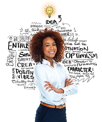 Buy stock photo Black woman, portrait and confidence in studio for idea, words and happy on white background. Female person, letters and positive mindset for plan or business, text and pride for startup company