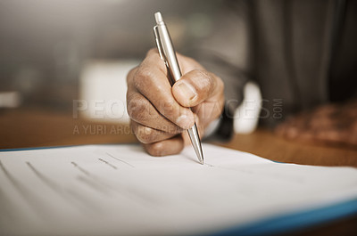 Buy stock photo Business, hand and person with signature in office for insurance or life policy agreement. Deal, document and paperwork contract for legal approval with terms and conditions and application as broker