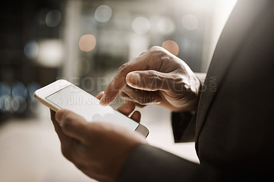 Buy stock photo Hands, businessman and smartphone screen for communication, networking and connection. Person, internet and online on news website for updates, post and social media with mobile app and texting
