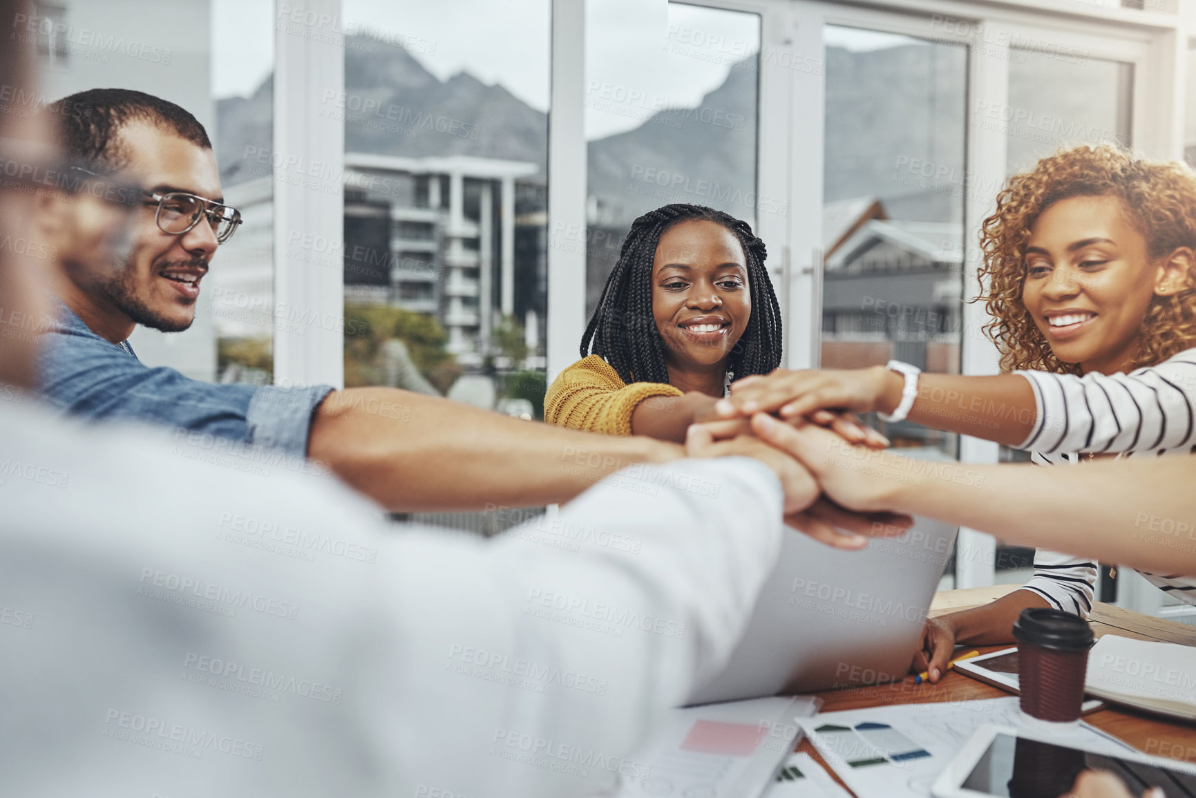 Buy stock photo Group, diversity and hands together for team building, success and business meeting in office. People, employees and happy for support, project and cooperation for collaboration, creativity or career