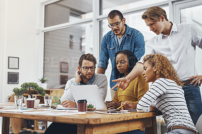 Buy stock photo Laptop, team and creative business people training, problem solving and ask question. Computer, group and discussion for project, research and engagement manager help interns at startup for solution