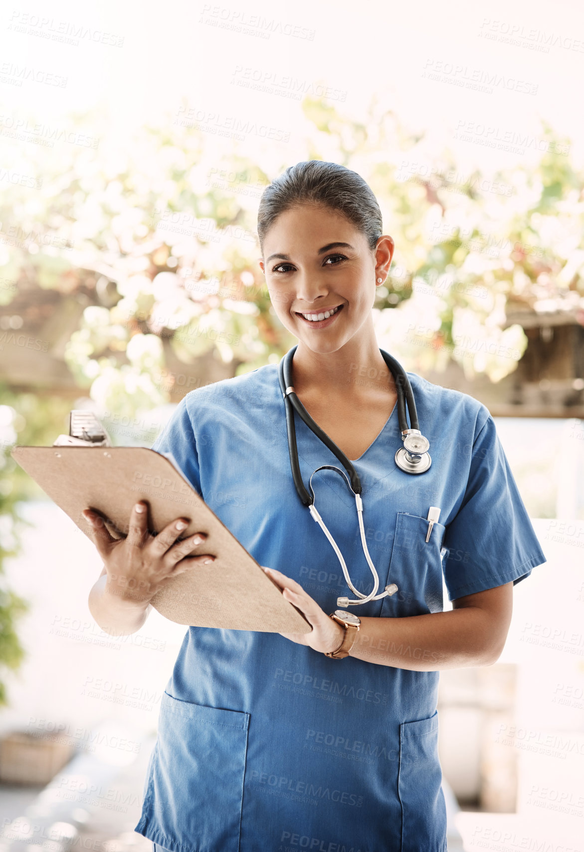 Buy stock photo Doctor, woman and portrait with clipboard outdoor for medical prescription, checklist and patient information. Smile, healthcare worker and document for schedule, data report of treatment at clinic