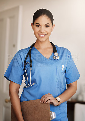 Buy stock photo Nursing home, smile and portrait of caregiver with clipboard for healthcare, medical support or service. Stethoscope, wellness and female nurse in scrubs for happiness, confidence or assisted living