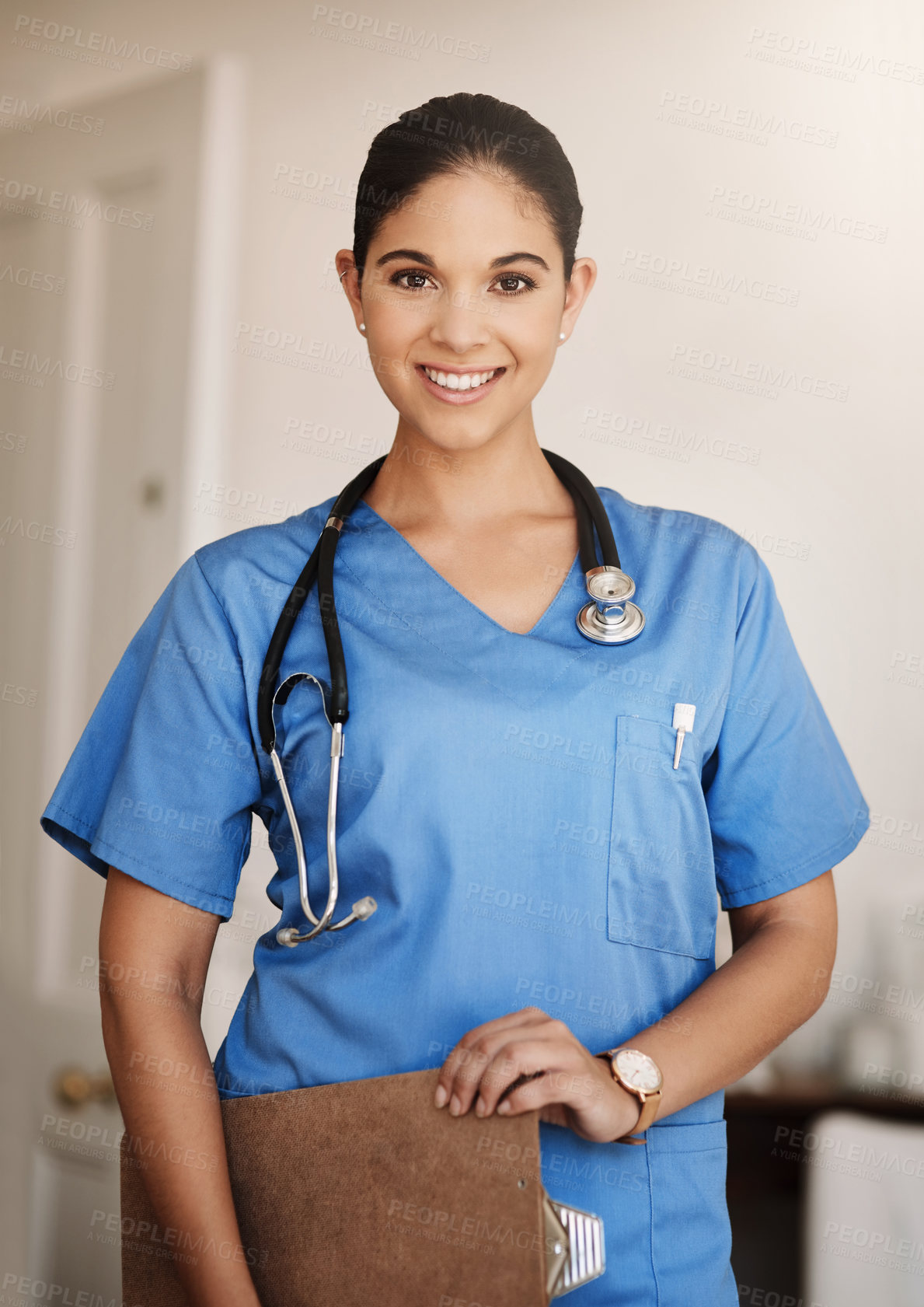 Buy stock photo Nursing home, smile and portrait of caregiver with clipboard for healthcare, medical support or service. Stethoscope, wellness and female nurse in scrubs for happiness, confidence or assisted living