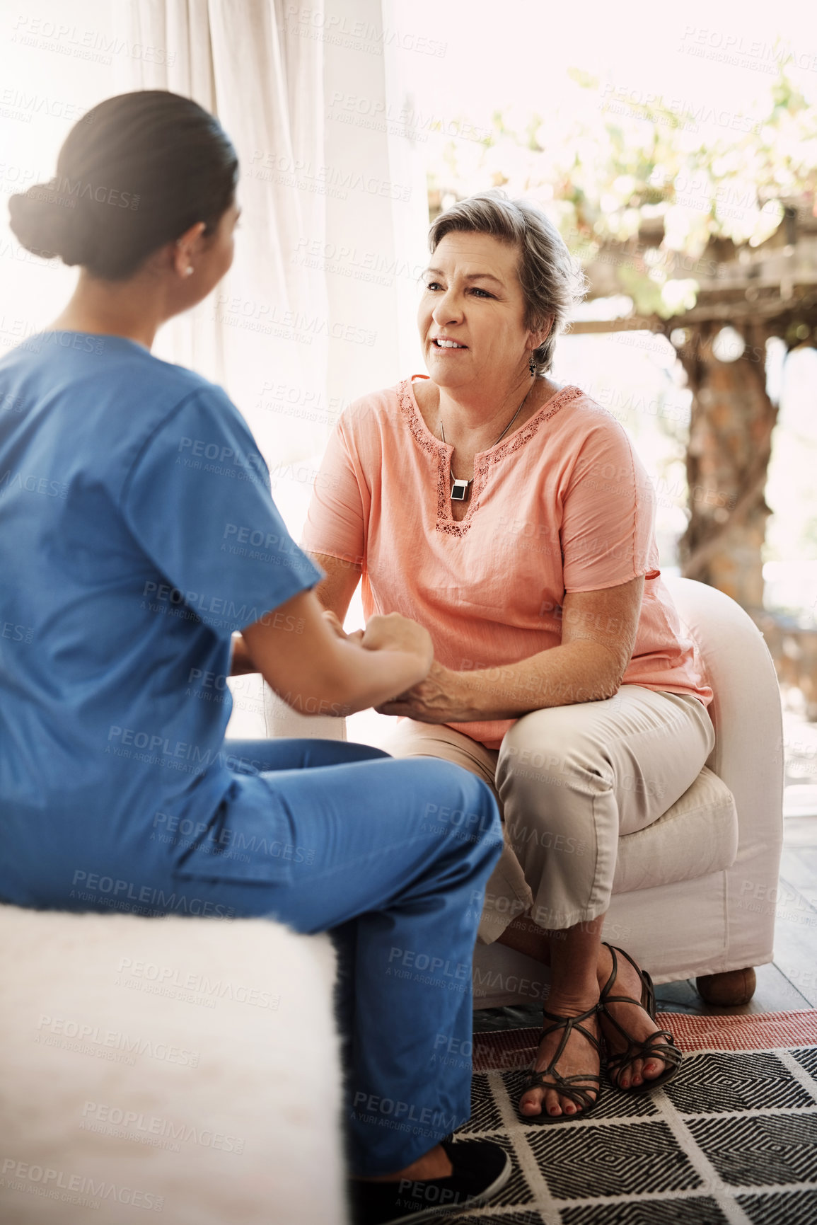 Buy stock photo Support, woman and caregiver holding hands in clinic for patient support, sympathy or empathy by consultation of medical results. Healthcare, trust or hope of counselling together at nursing home

