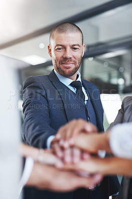 Buy stock photo Businessman, group or hands in stack for mission, support or meeting for corporate goals or pride. Project, people and partnership with agreement for teamwork, target and staff synergy for motivation